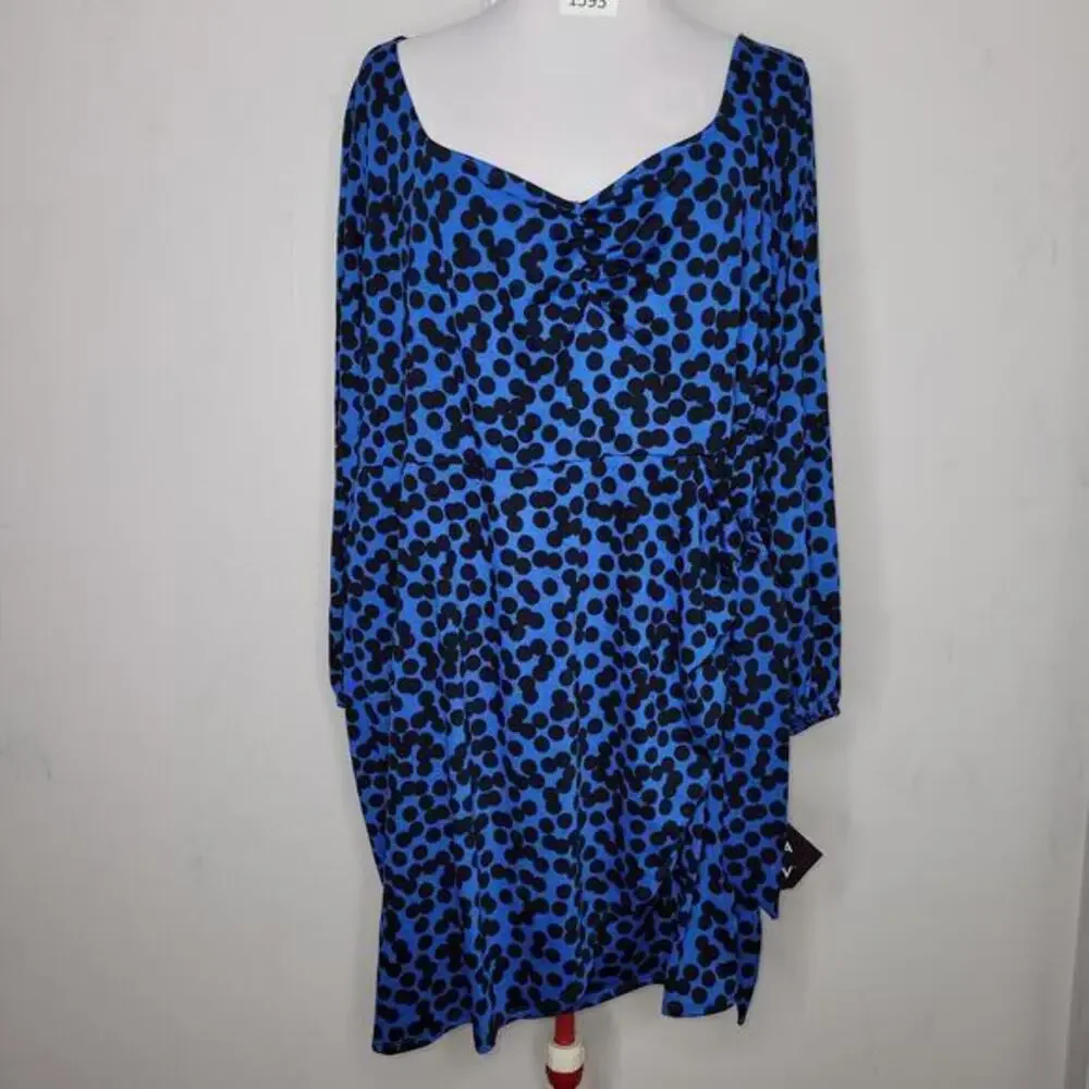 Ava Viv Women Faux‎ Wrap Dress Size 3X Balloon Sleeve Blue Black Stretchy Midi